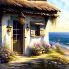 Seaside cottage at sunset with ocean view and sailing ship