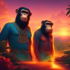 Stylized gorillas with jewelry in fantastical landscape