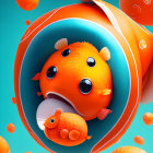 Colorful cartoonish orange fish surrounded by smaller fishes and spheres on teal background