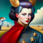 Stylized portrait of woman in military outfit with mechanical birds on blue sky.