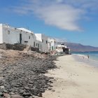 Scenic coastal view with quaint houses, sandy beach, wildflowers, clear sky, and sailboat