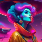 Vibrant digital artwork: stylized woman with blue hair and futuristic car under neon sky