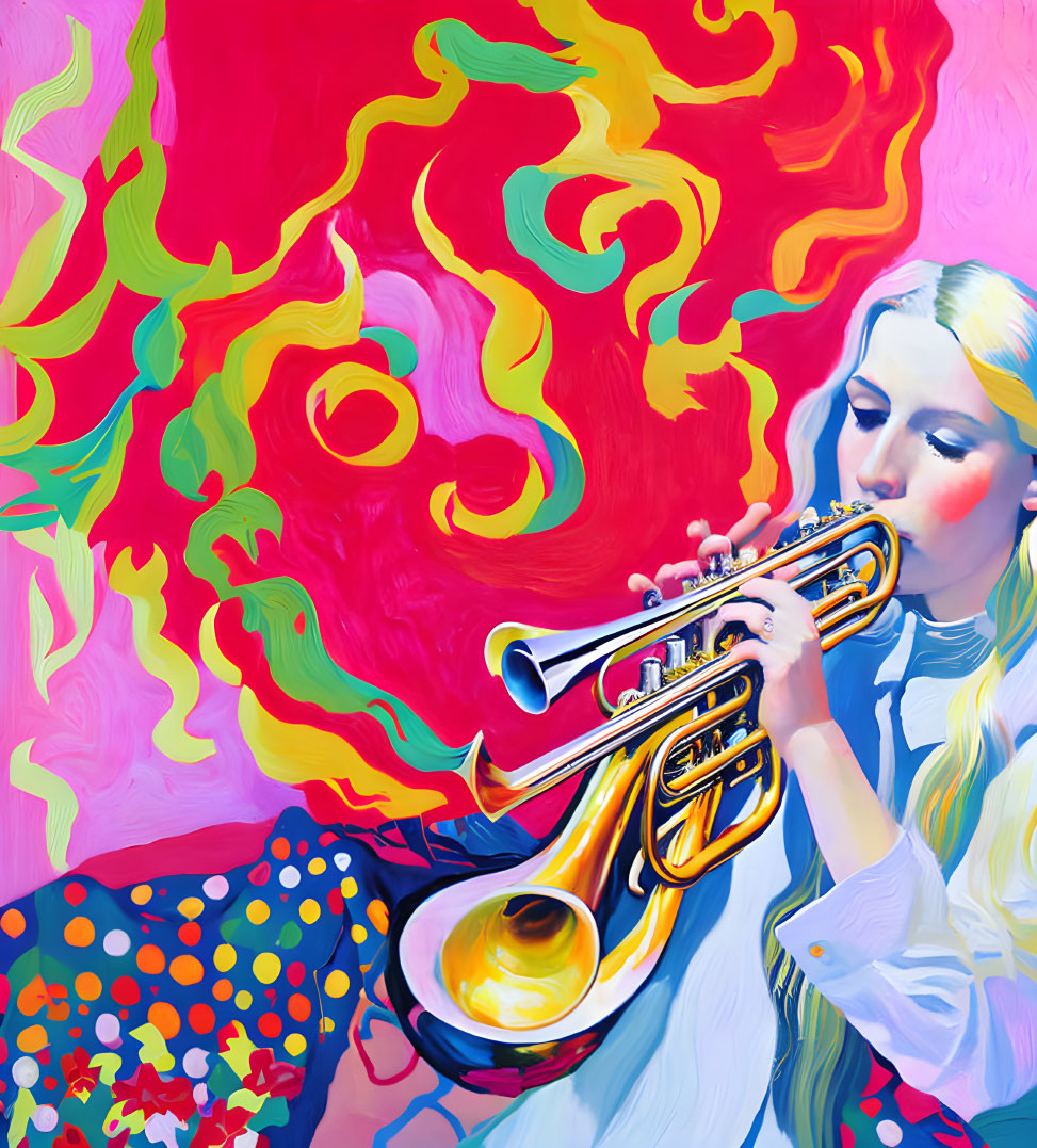 Colorful woman playing trumpet in vibrant abstract backdrop