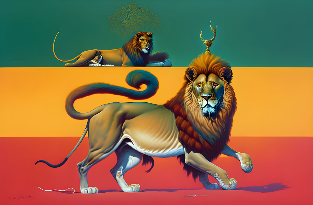 Majestic lions illustration on tricolor gradient background