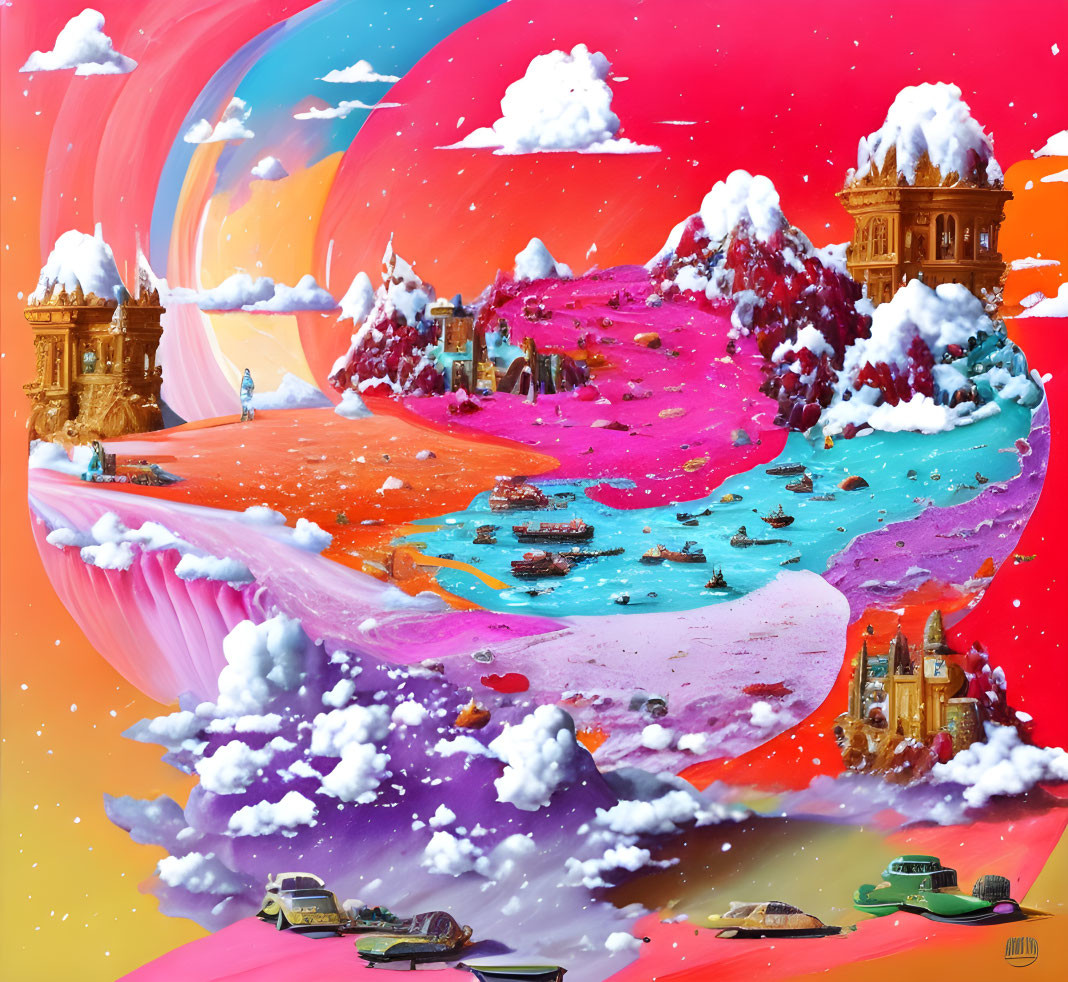 Colorful Surreal Landscape with Snow-covered Mountains and Pink Waters