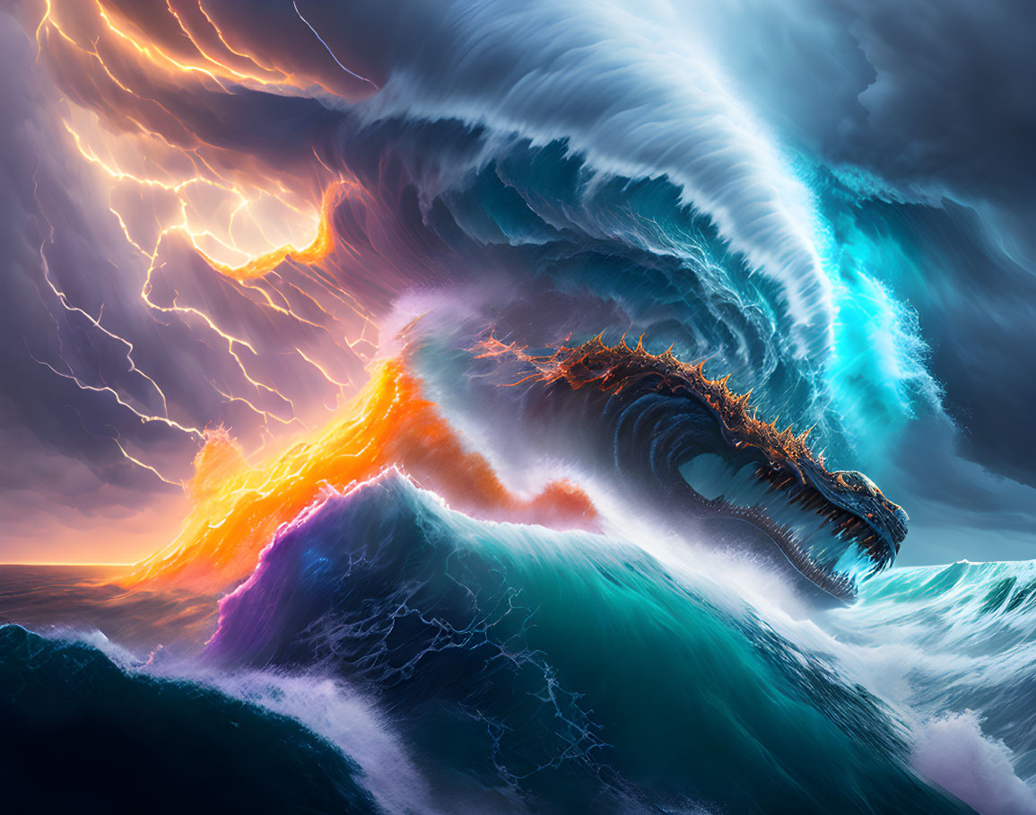 Digital artwork: Monstrous sea creature in stormy sea with lightning sky