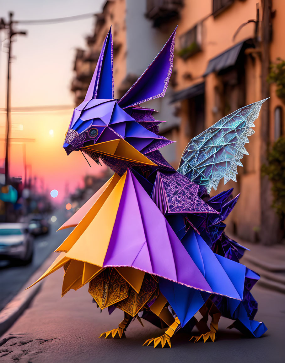 Colorful Origami Dragon on City Street at Sunset with Purple and Gold Hues