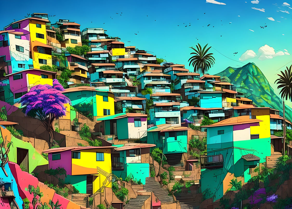 Colorful Illustration of Terraced Hillside Buildings and Lush Vegetation