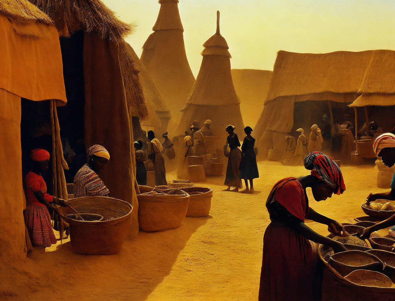 Traditional African market with thatched-roof huts and people trading under golden sky