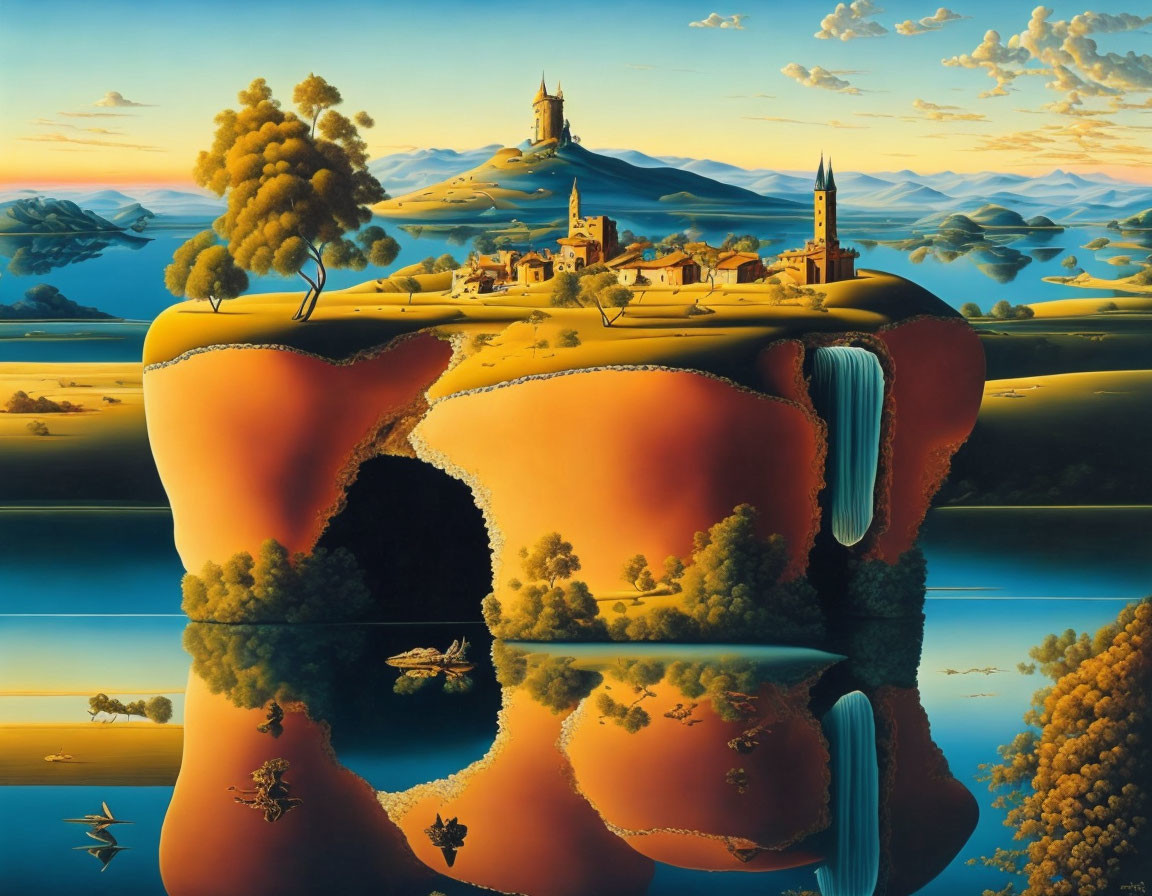 Surreal landscape with floating island, town, waterfall, boat, and mountains