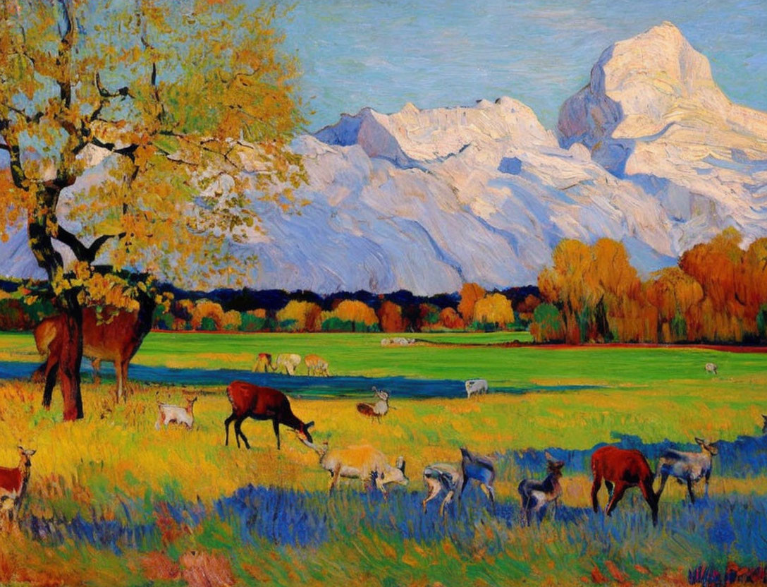 Colorful landscape painting: Cattle and sheep grazing with autumn trees and snow-capped mountains