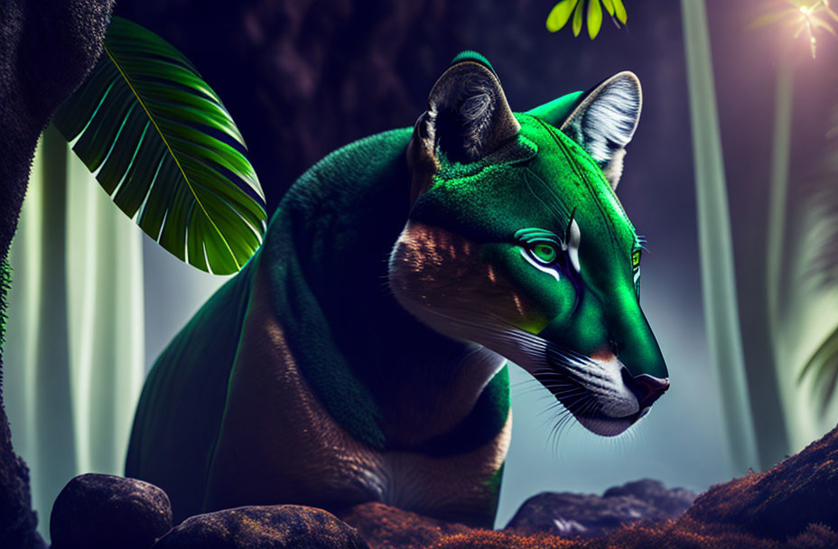 Digital Artwork: Cougar in Green Coat in Jungle Setting