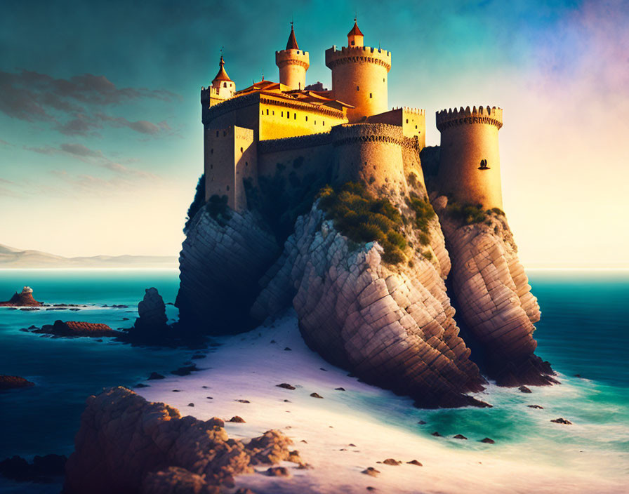 Majestic castle with multiple towers on rugged clifftop overlooking turquoise sea at sunset