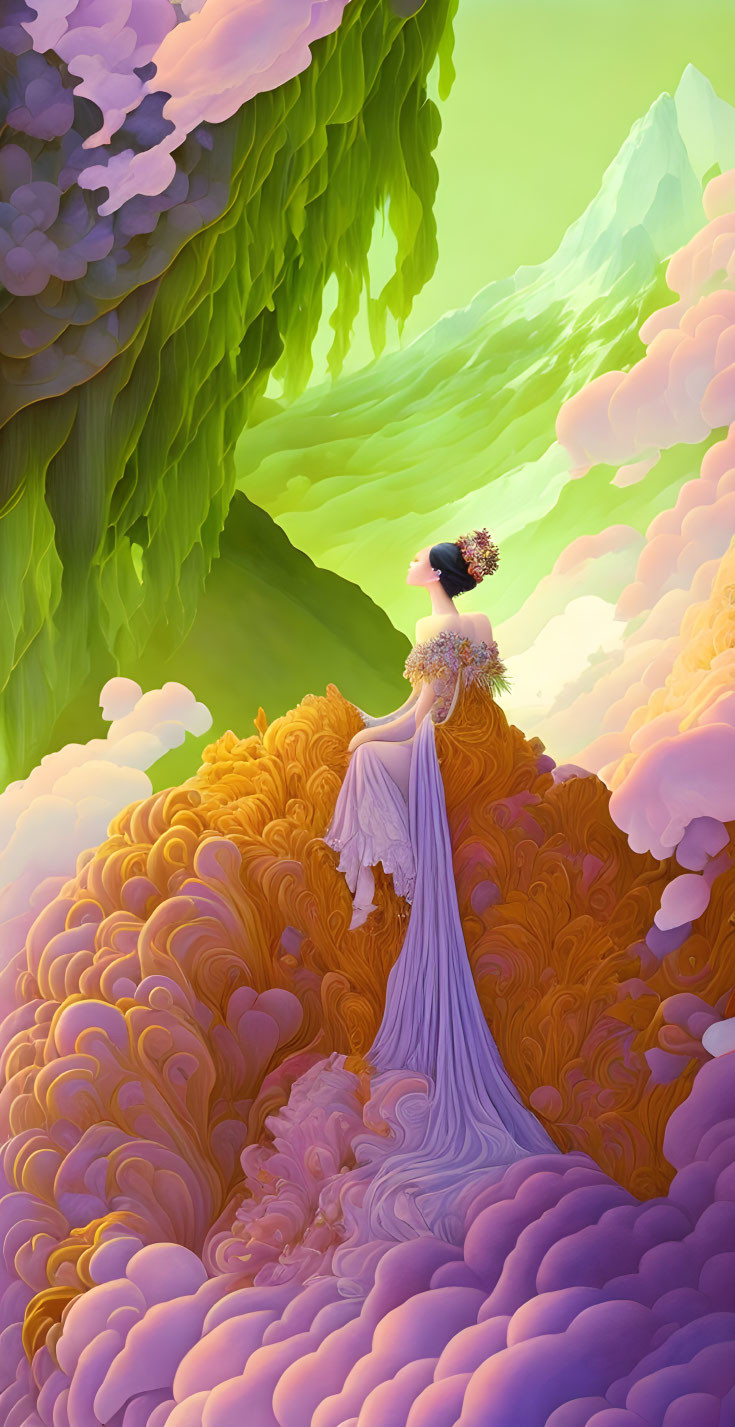 Woman in flowing purple dress in surreal landscape with orange clouds and green cliffs