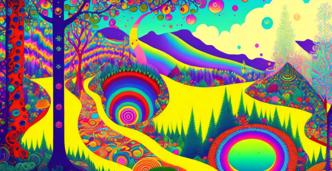 Colorful Psychedelic Landscape with Swirling Patterns and Mountains