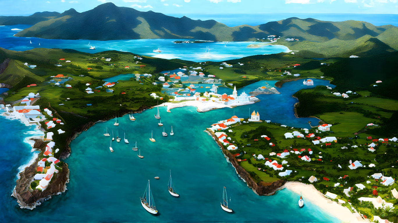 Scenic coastal village with white buildings, lush hills, and sailboats