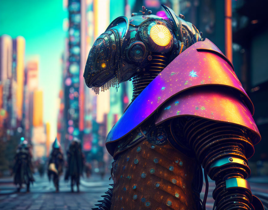 Futuristic robot with cosmic shoulder cape overlooking neon-lit cityscape