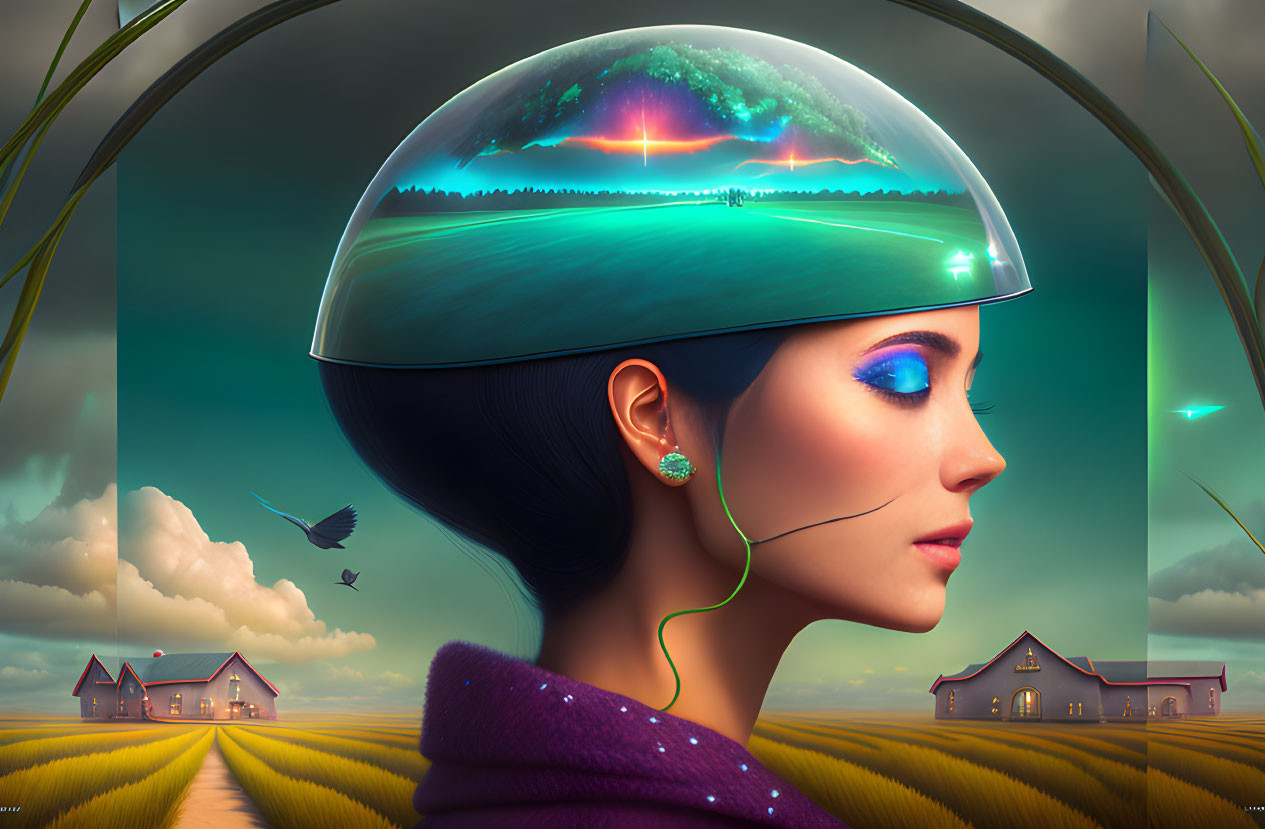 Woman with Futuristic Helmet and Colorful Landscape Contrast Rural Setting