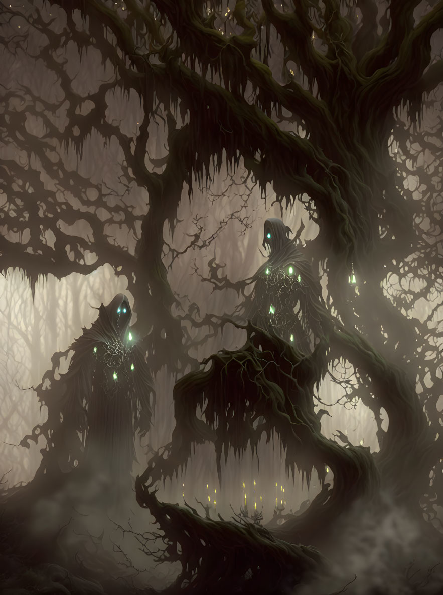 Mysterious Forest Scene with Twisted Trees and Glowing Figures