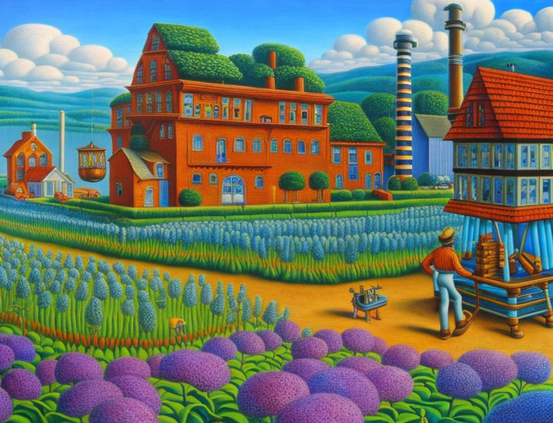 Vibrant pastoral scene with farmer, purple plants, brick house, factory, and hills