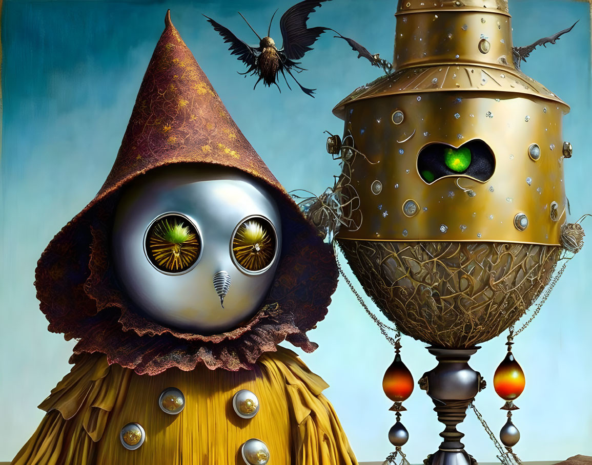 Whimsical steampunk characters with owl eyes and robot design