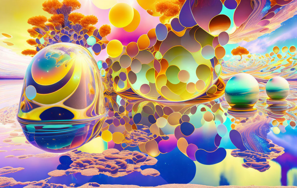 Colorful Psychedelic Landscape with Floating Orbs and Bubble-like Structures