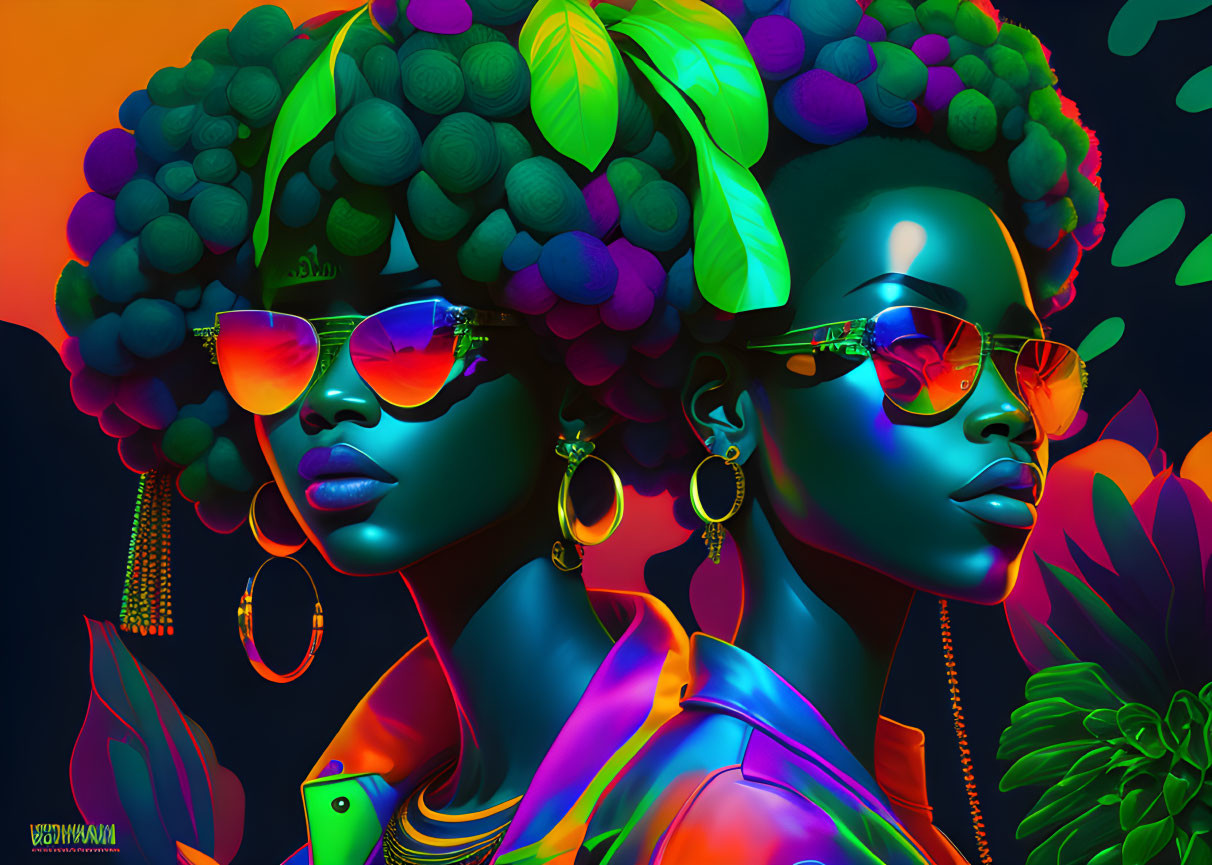 Colorful digital artwork featuring two stylized women with vibrant hair and sunglasses on neon background