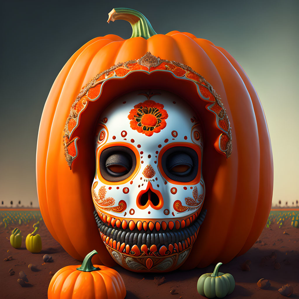 Skull with Day of the Dead makeup in pumpkin surrounded by desert pumpkins