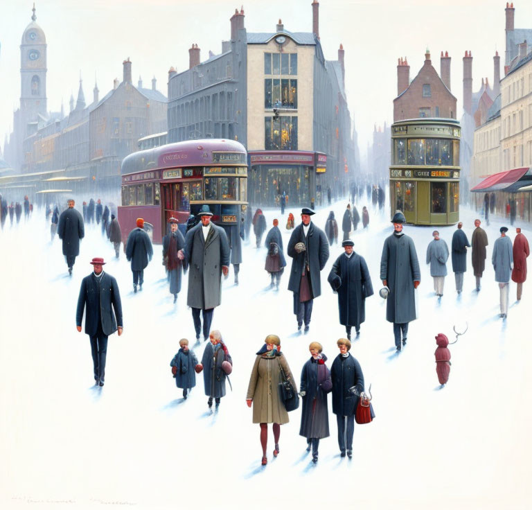 Vintage Street Scene Painting: Pedestrians, Buses, Architectural Buildings