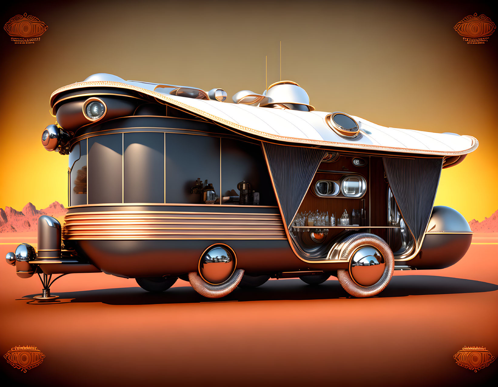 Metallic Retro-Futuristic RV in Desert with Streamlined Design