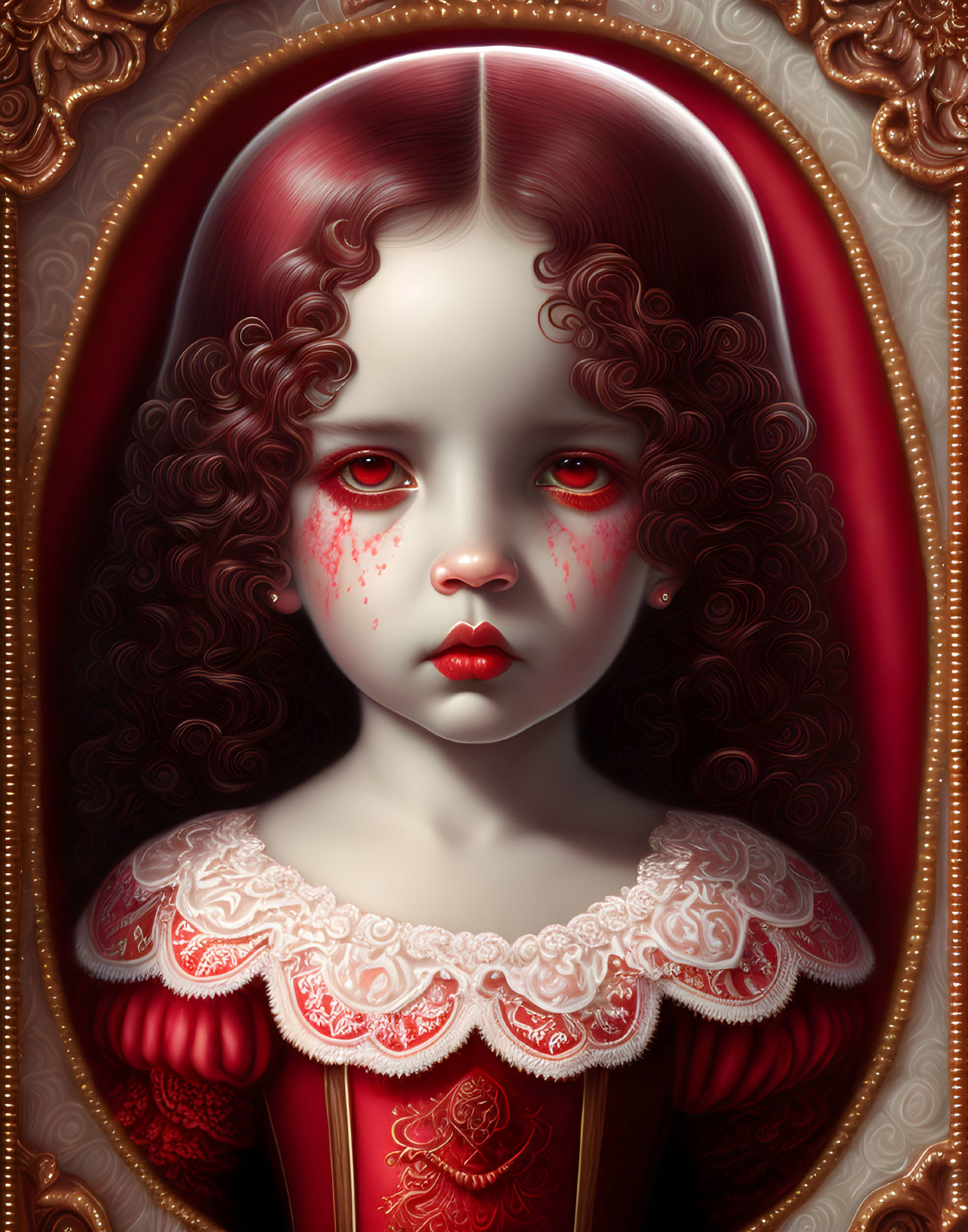 Digital portrait of young girl with red eyes, curly hair, bloodstained cheeks, vintage red dress