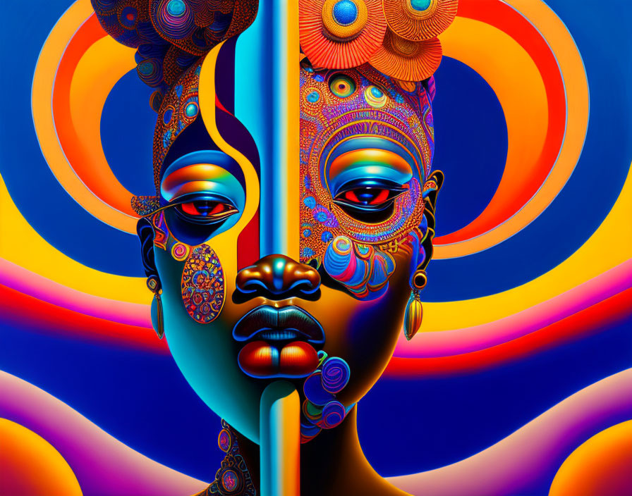 Colorful Symmetrical Portrait of Woman with Detailed Patterns on Face