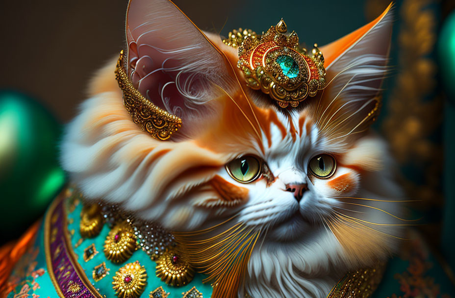 Regal cat with golden crown and green eyes