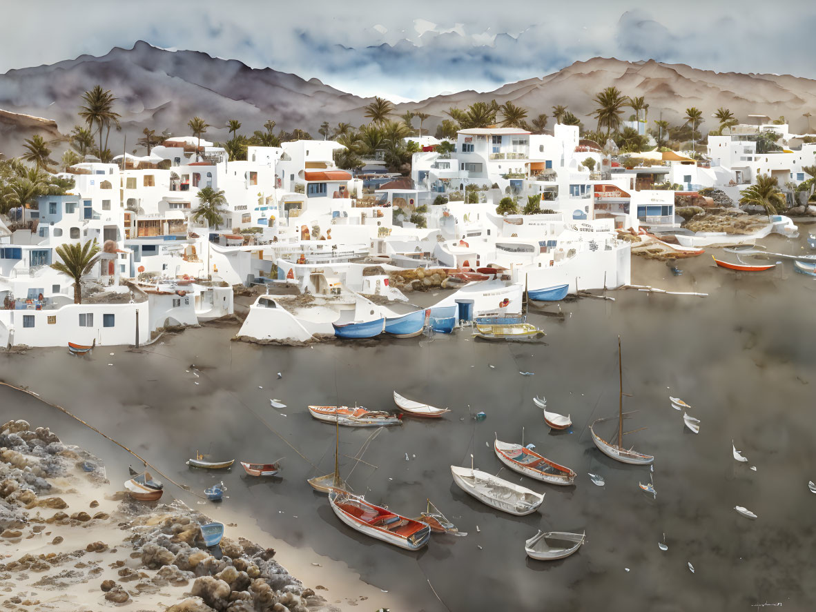 Scenic coastal village: white buildings, boats, mountains