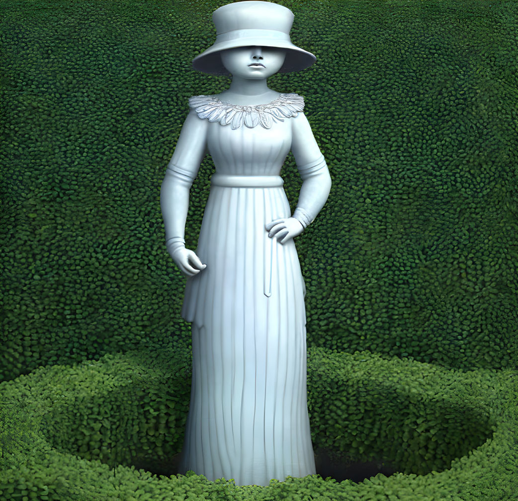 Edwardian-style woman statue in wide-brimmed hat nestled in hedge niche