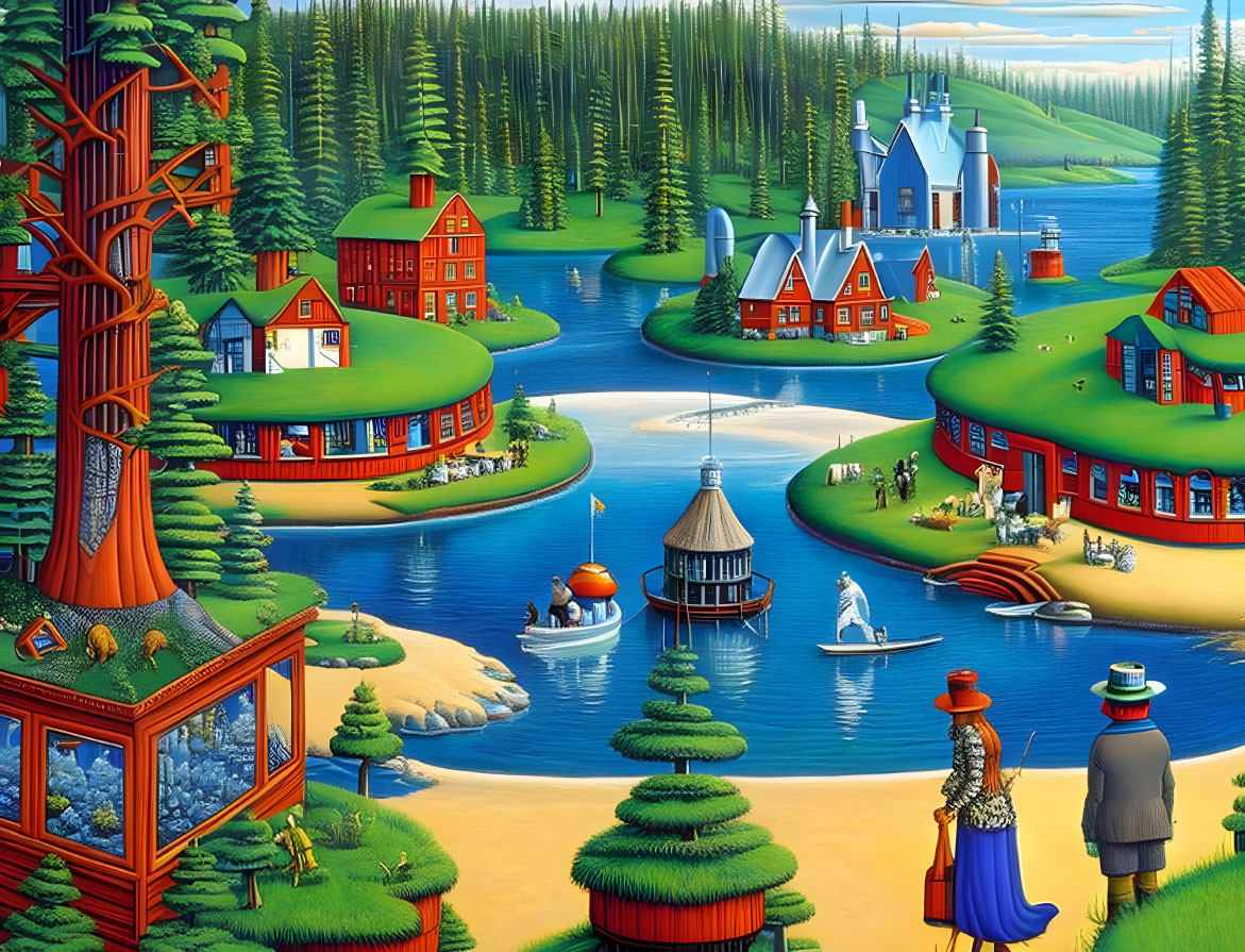 Colorful illustration of whimsical cottages, lush greenery, and cartoon characters by a river.