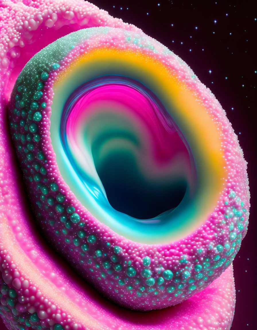 Colorful abstract swirl surrounded by beads on starry background