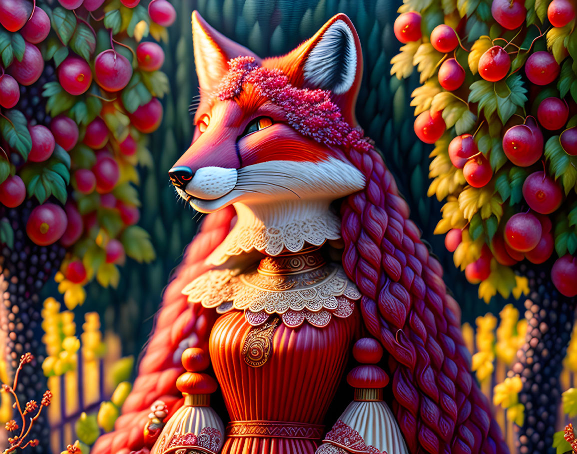 Detailed Red Fox Illustration with Grapes and Foliage