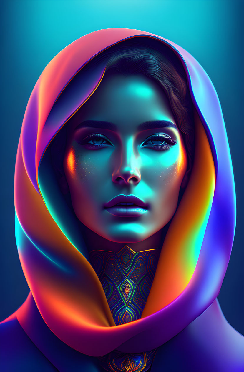 Vibrant digital artwork of a woman with multicolored skin and intricate tattoos