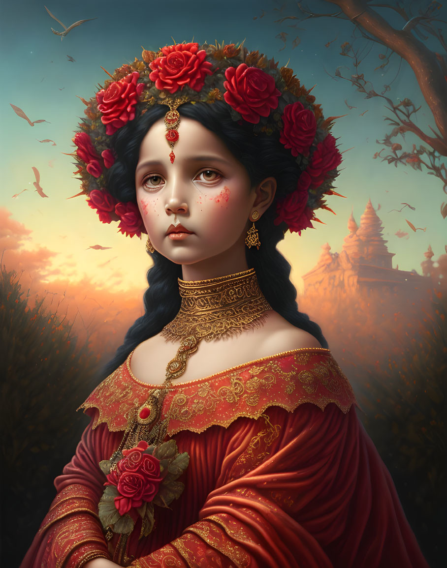 Digital artwork of woman with dark hair in red attire and roses, set in twilight scene