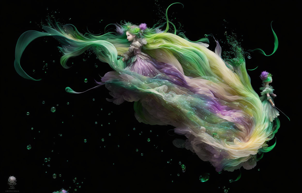 Fantastical image: Woman with long green hair and petal dress, surrounded by bubbles on black