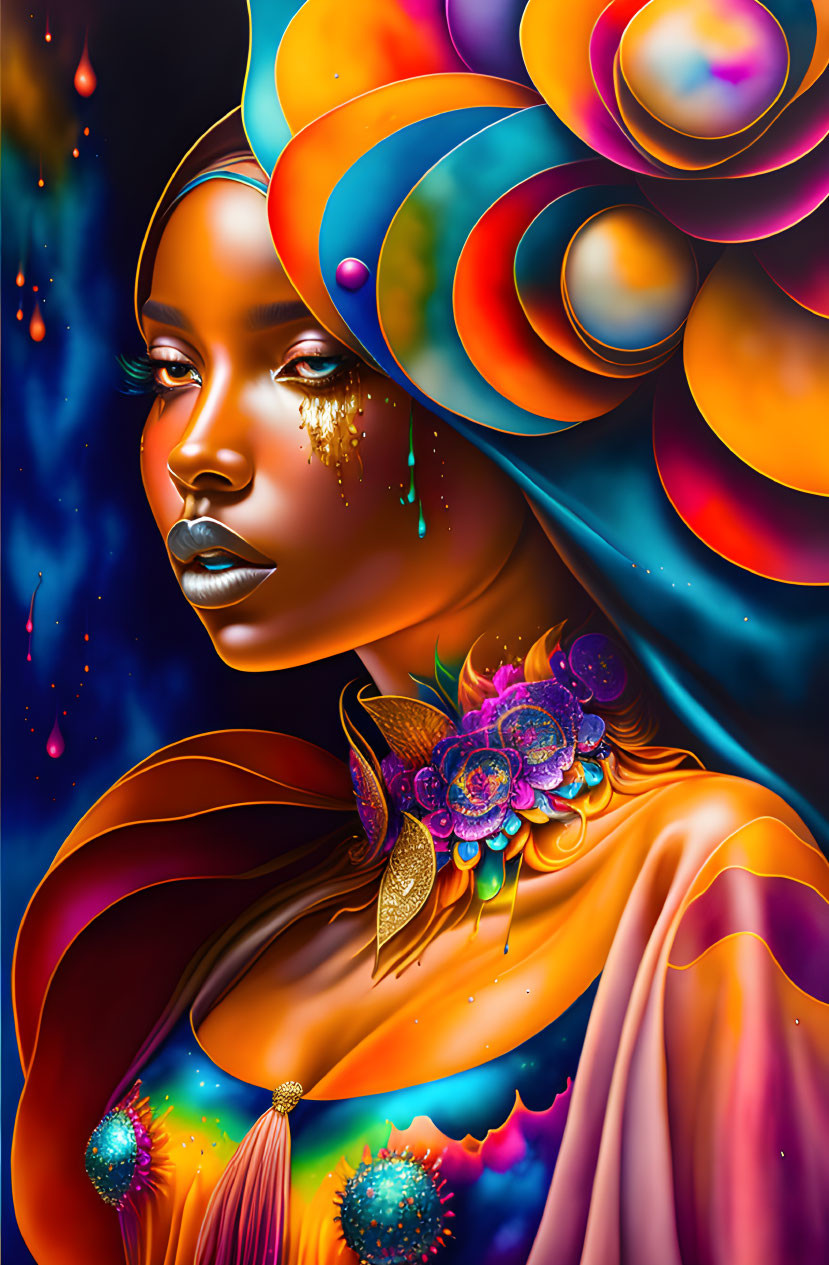 Colorful digital portrait of a woman with gold tears and cosmic background