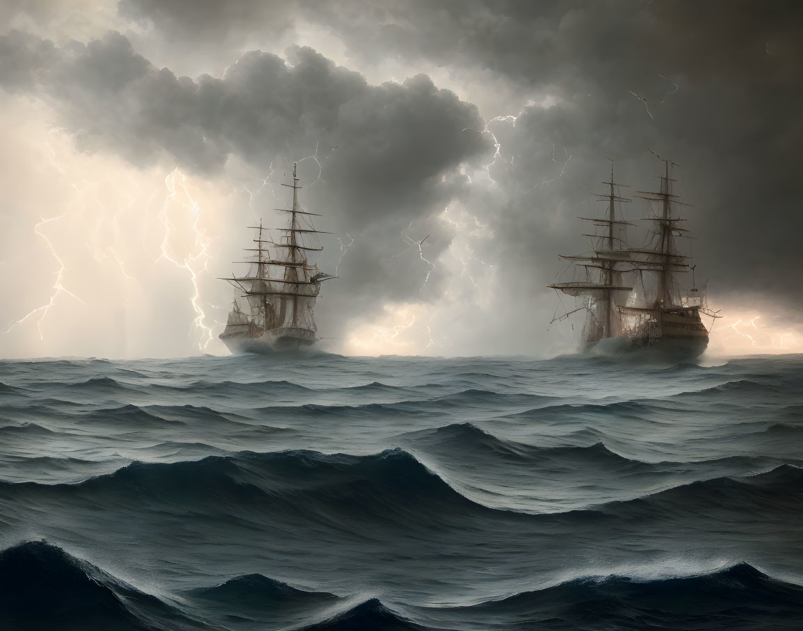 Tall Ships in Stormy Sea with Dark Clouds and Lightning