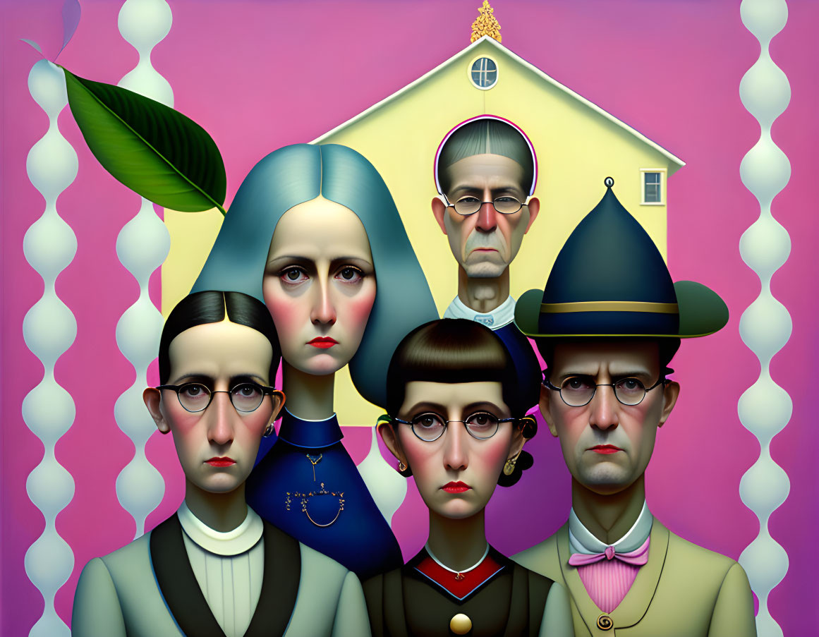 Four grave-faced individuals in vintage clothing and hats in front of a yellow house with green leaves and pink