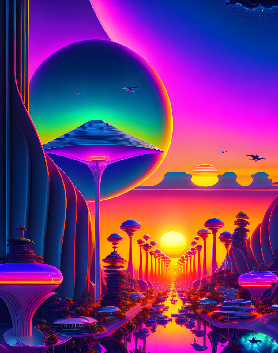 Futuristic cityscape at sunset with mushroom-shaped buildings