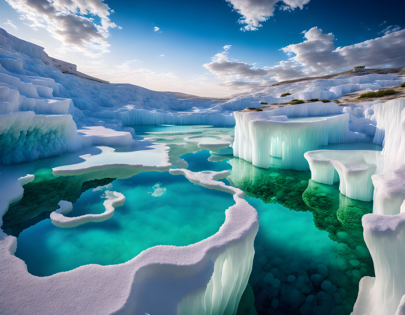 Turquoise thermal pools and white calcium formations in Pamukkale, Turkey