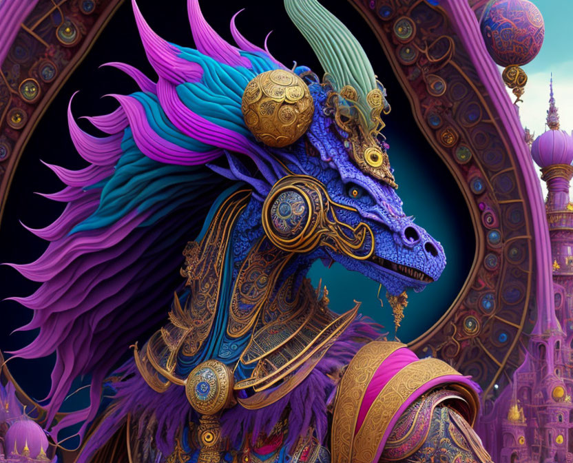 Majestic blue dragon in ornate armor on intricate background