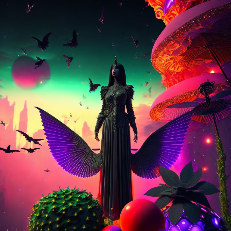 Surreal winged woman in colorful fantasy landscape