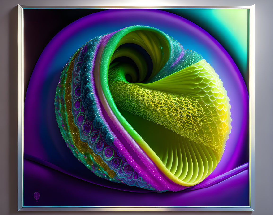 Colorful fractal spiral digital art on monitor: Green, blue, purple patterns