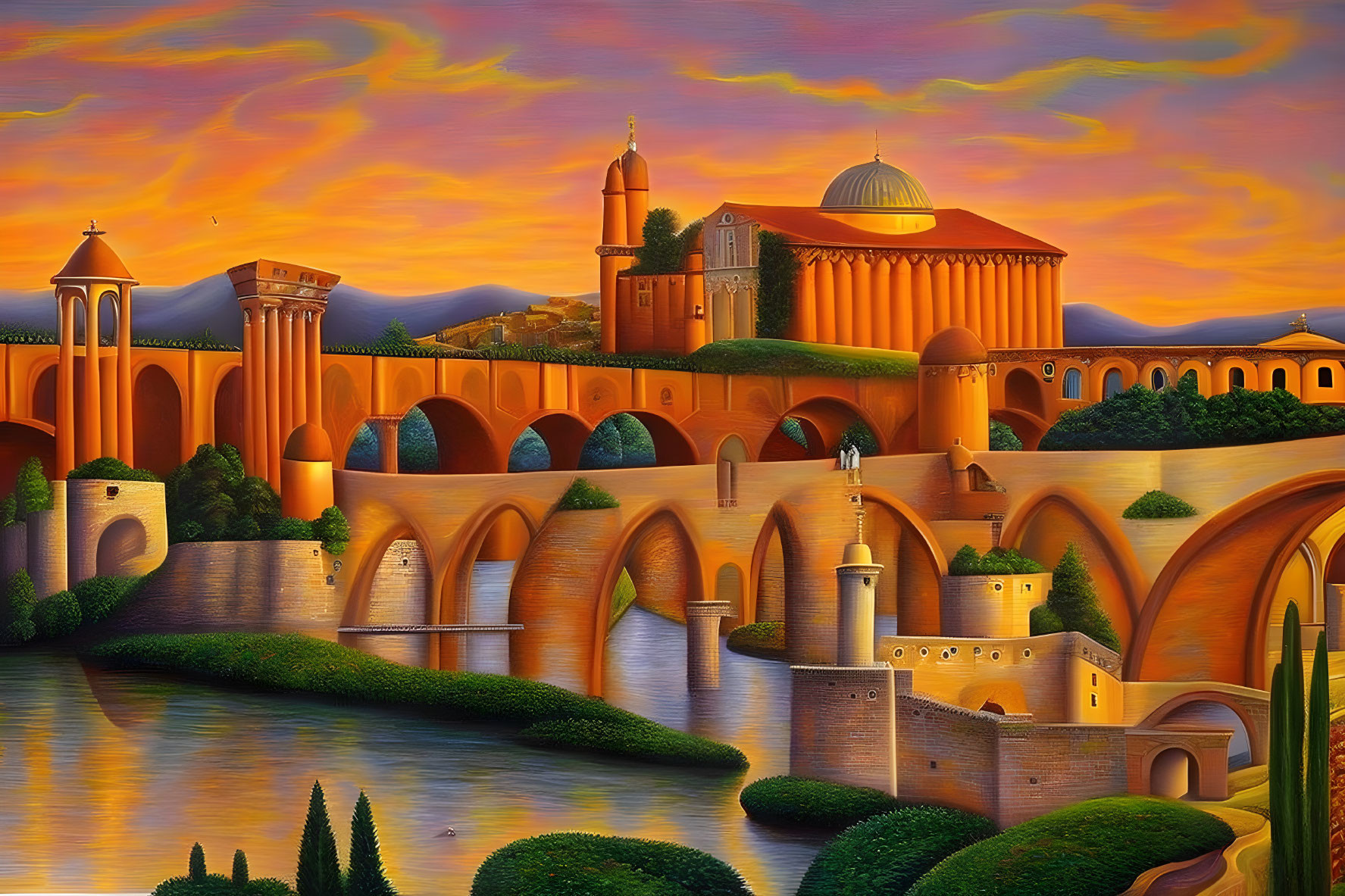 Fantastical landscape with arched bridges, river, and European buildings at sunset